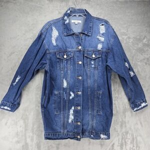 Insane Gene USA Women's Long Distressed Denim Jacket Coat Blue Jean M1098 Medium